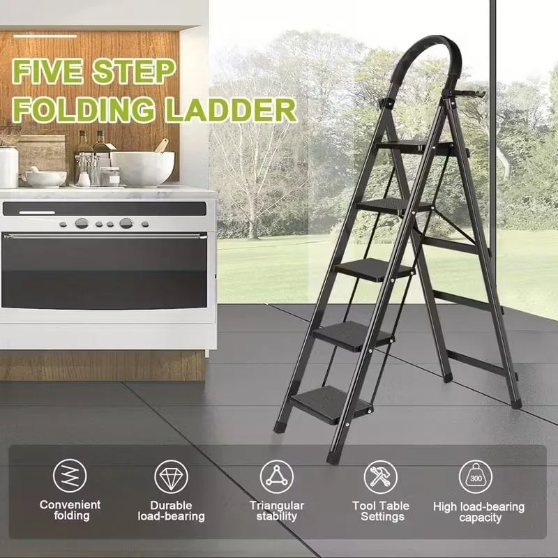 

5 Step Foldable Steel Ladder with Anti-Slip Pedals Tray 300LBS Capacity Portable Step Stool for Home Kitchen Office Library