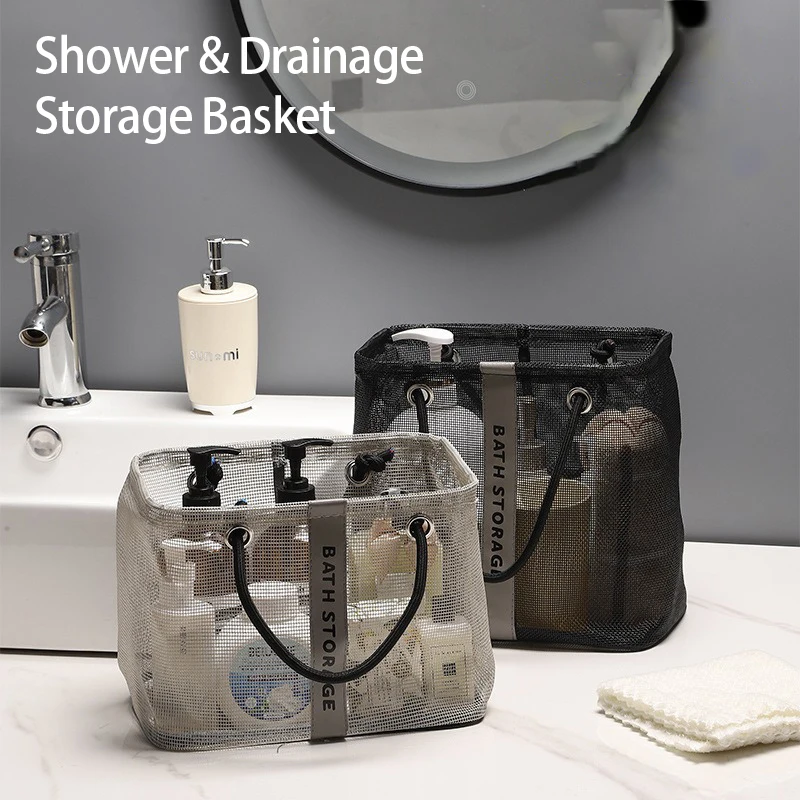 Portable Toiletry Bag Collapsible Mesh Drain Basket Large Capacity Storage for Travel Bathroom Basket with Handle