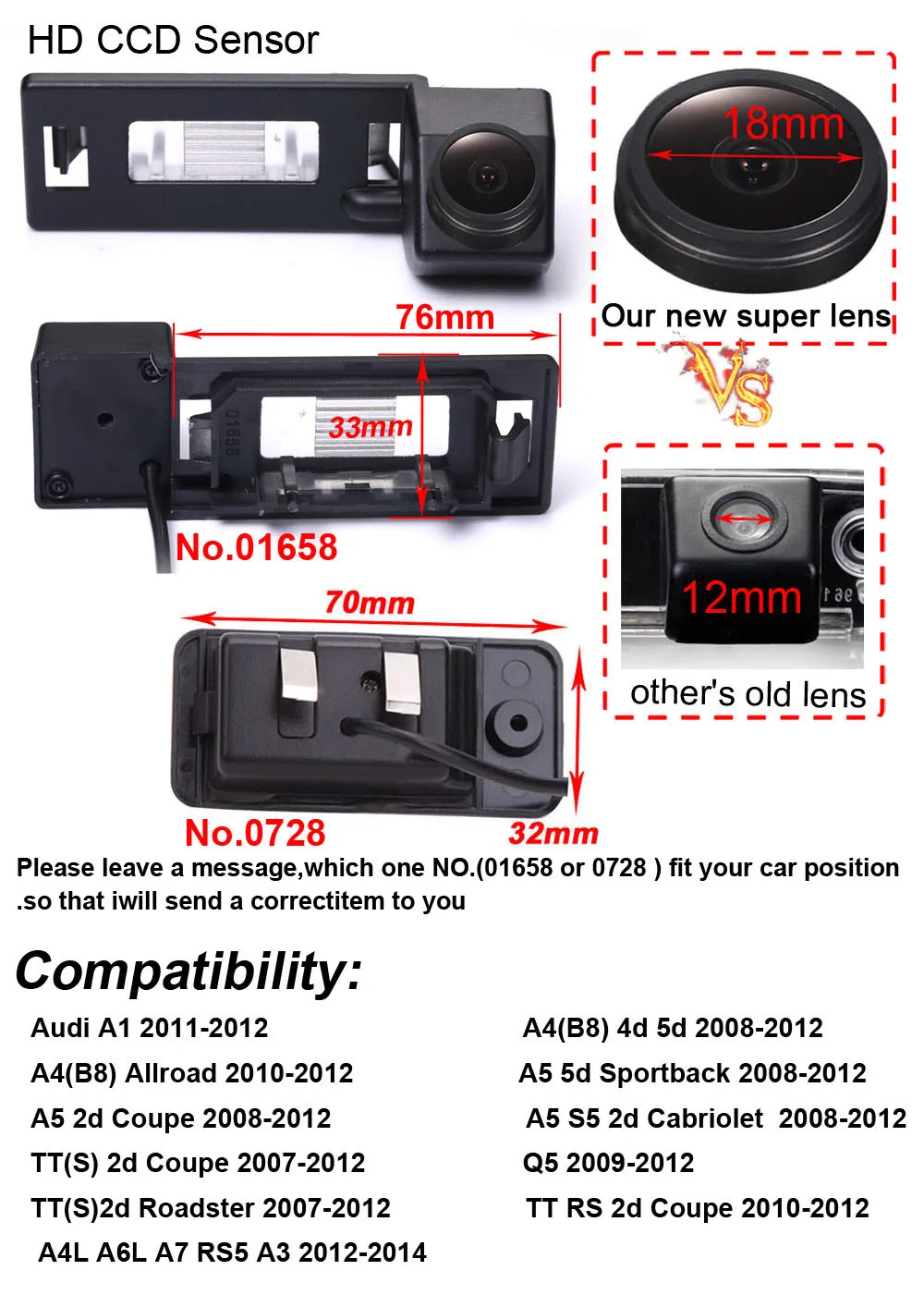 1280*720 Pixels 1000TV Lens For Audi A1 A4 Q5 A5 A4L A6L A7 TT RS 2010 -2014 Car rear view back up reverse parking camera