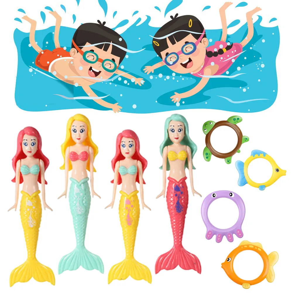 8Pcs Diving Mermaid Toy 4 Rings and 4 Mermaids Pool Sinking Toy Set Multicolor Underwater Diving Toys Cute for Diving Training