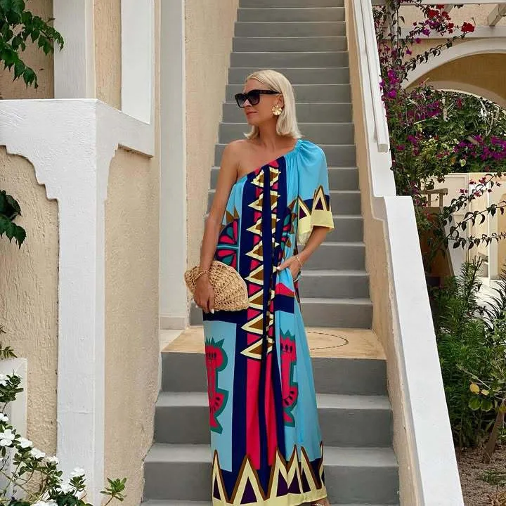 

Women's Print Long Dresses Slanted Collar Backless Short Sleeves Casual Beach Vacation Loose Maxi Dress Female Summer Vestidos