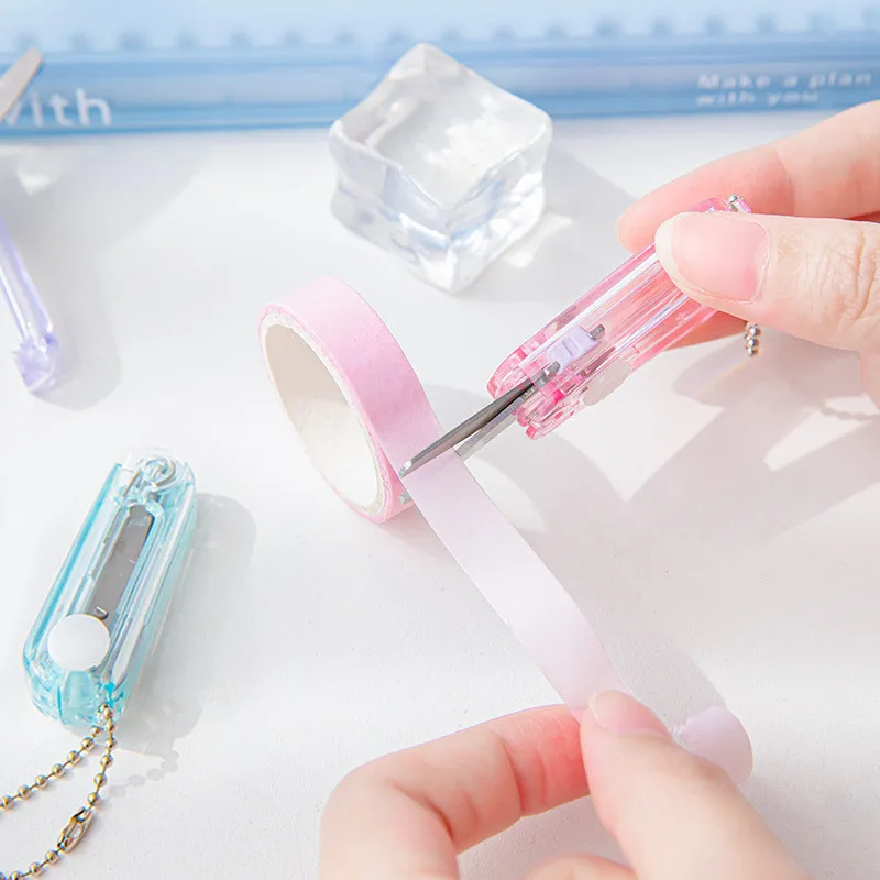 Mini Scissors Small Transparent Candy Color Fold Telescopic Stationery Scissors with Pendant Safety Scrapbook Scissors Student