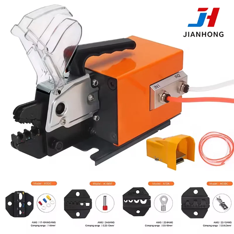 JH AM-10 Pneumatic Terminal Crimping Machine Tool Cold Press Insulated Tube Terminal Crimper with 14 Die Sets Foot Touch