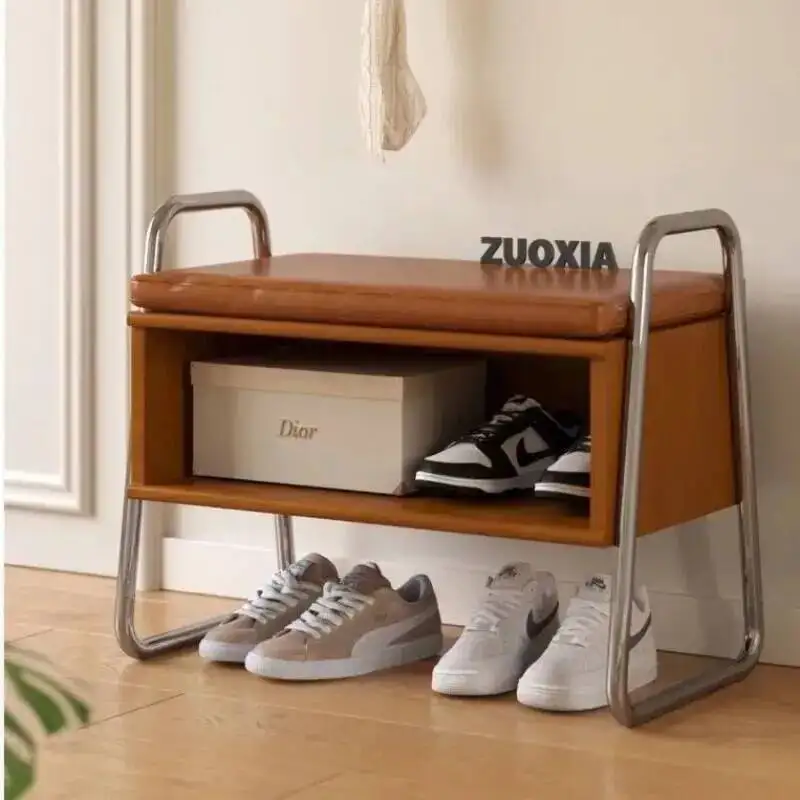 Upholstered Storage Solid Bench Wood Entryway Bench Shoe with Storage Two-Tier - Nordic Style Ottoman Bench Muebles Furniture