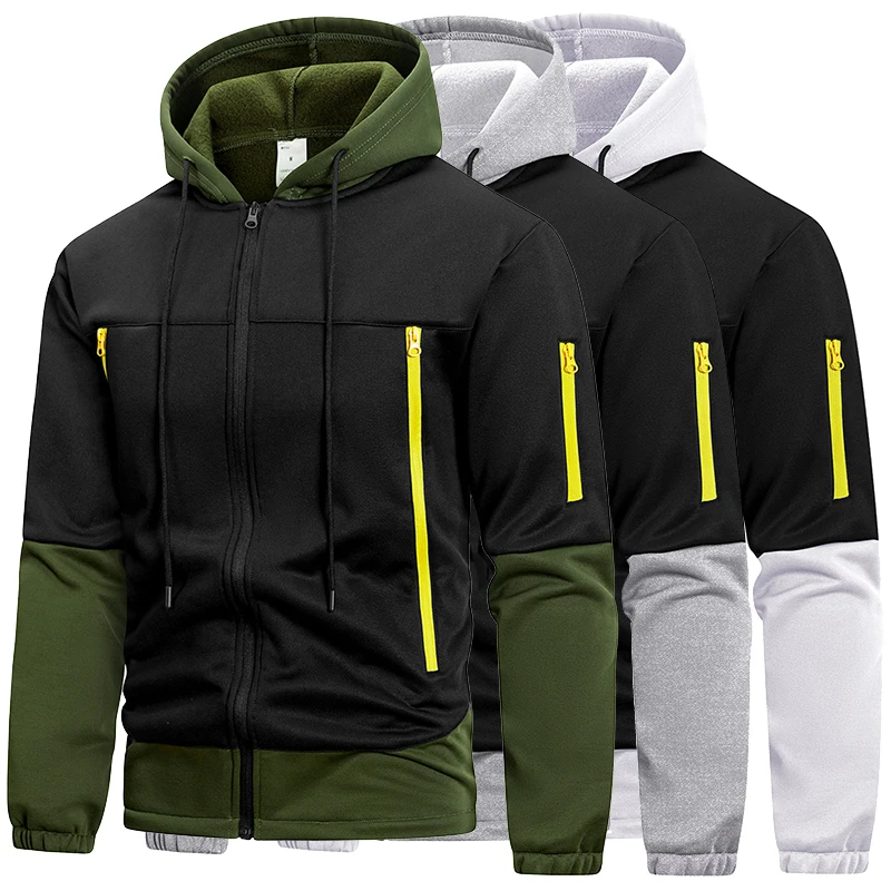 الرجال خريف شتاء دافئ في الهواء الطلق سترة التكتيكية صوف مبطن Colorblock المرقعة أبلى زمم معطف مقنع مع جيوب سستة #1