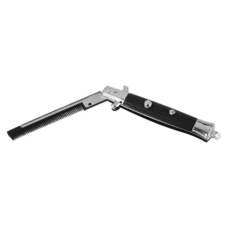 A01F-Stainless Steel Hair Folding Beard Comb Hairstyling Tools Switch Combo Pocket Long Round Handle Hair Comb