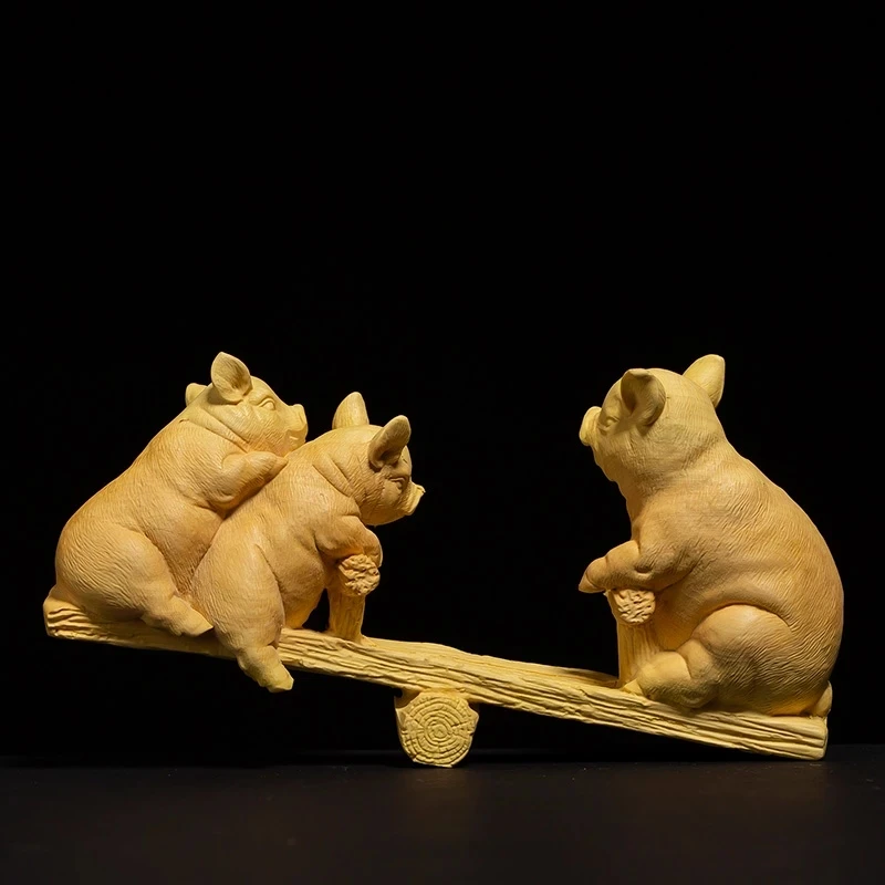 Boxwood 15cm Piggy Sculpture Lucky Wood Animal Statue Three Pigs Playing on Seesaw Home Decor