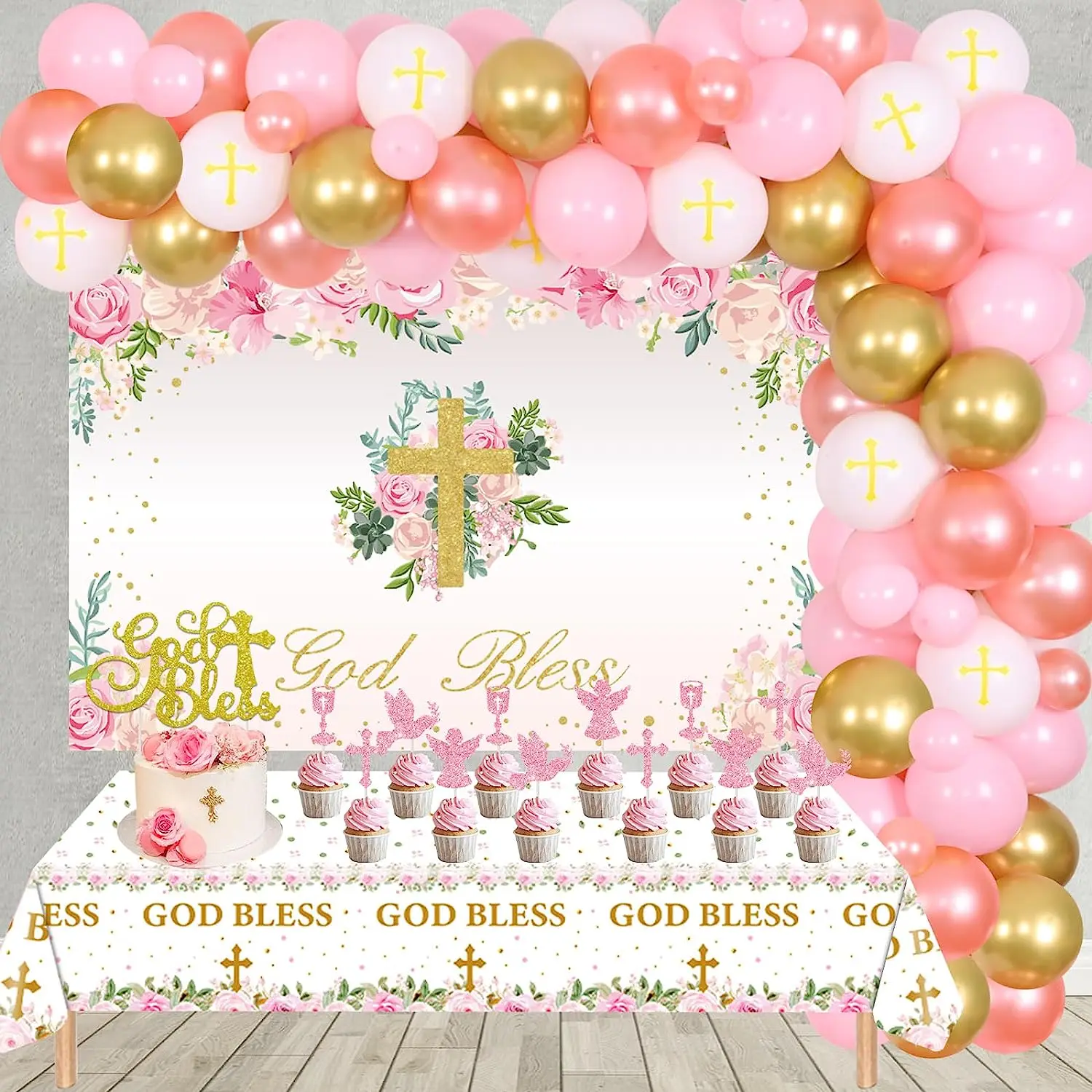 Baptism Decorations for Girls Pink and Rose Gold Balloon Garland with God Bless Backdrop Tablecloth Christening Party Supplies