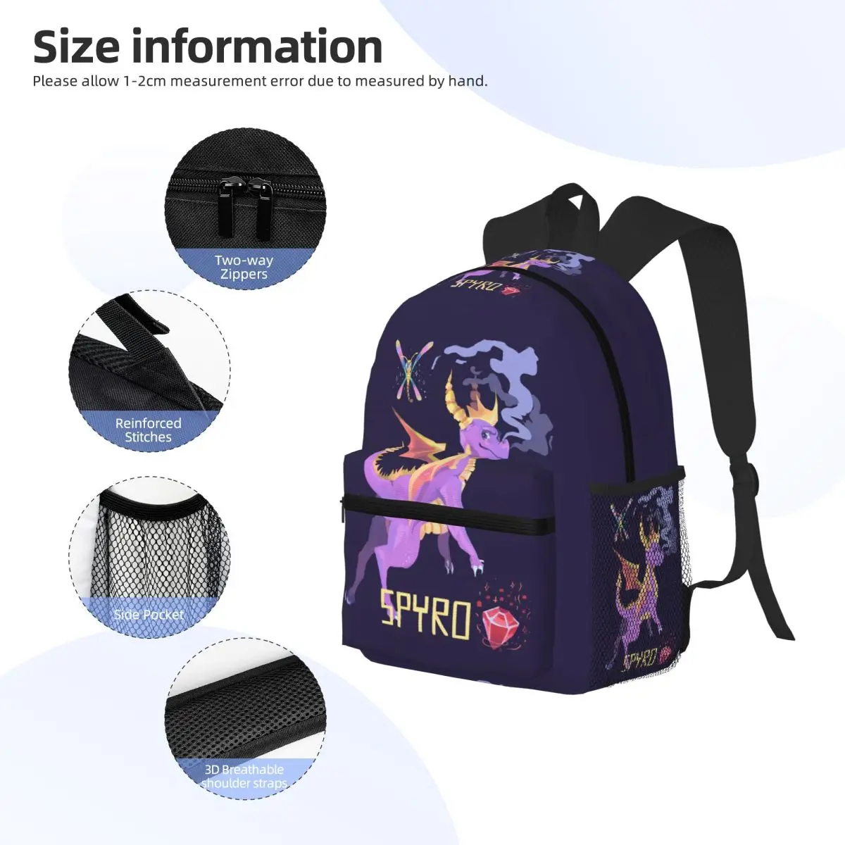 Spyro The Dragon Spyro Zaino per studenti Borsa da scuola Zaino da viaggio per escursionismo per borse a tracolla per libri alla moda per ragazzi e ragazze