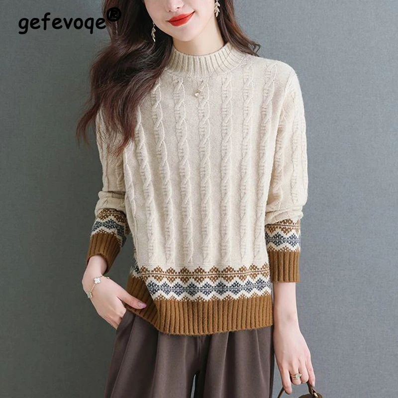 Women Stylish Contrast Color Half High Collar Warm Knitted Sweater Autumn Winter Vintage Elegant Long Sleeve Loose Pullover Tops