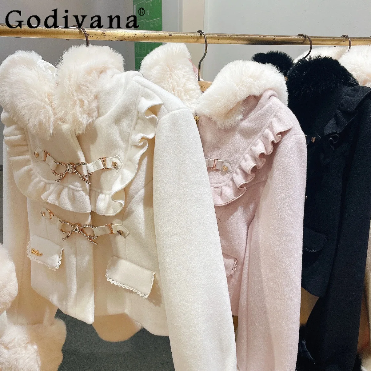 Jaket Wol Pendek Bergaya Lolita Jepang Musim Dingin 2025, Lucu dengan Pita, Jaket Berbulu Hangat Berkerudung untuk Wanita, Model Slim Fit Elegan