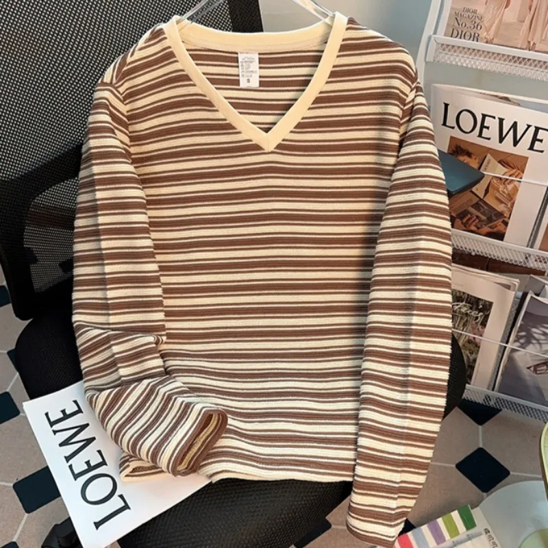 Striped Hoodies for Women No Hat All-match Loose V-neck Long Sleeve Spring Autumn Korean Style Casual Ulzzang Chic Popular Niche