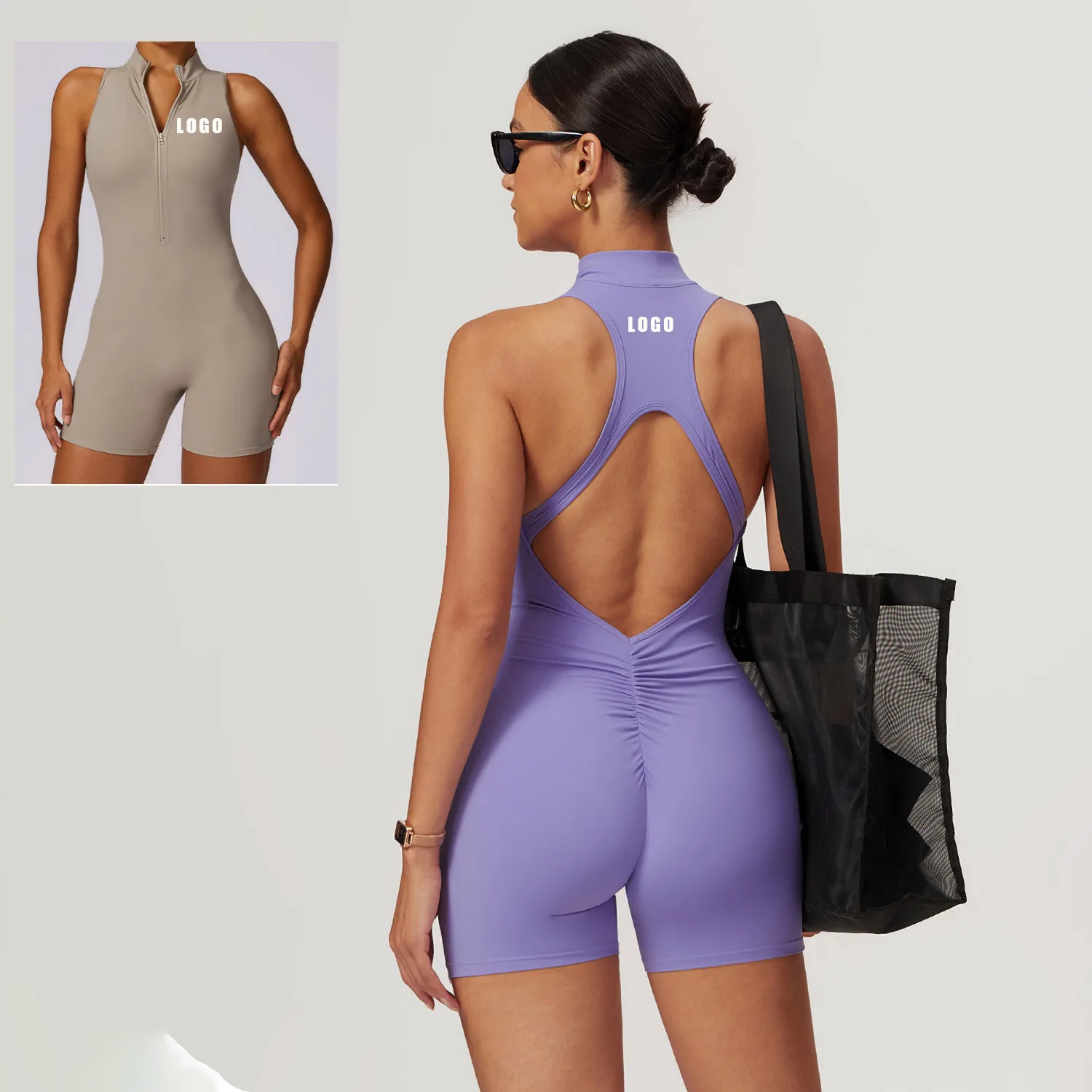 

Custom LOGO women's clothing summer high-intensity sports beauty back yoga onesie zipper nude tight onesie fitness clothing