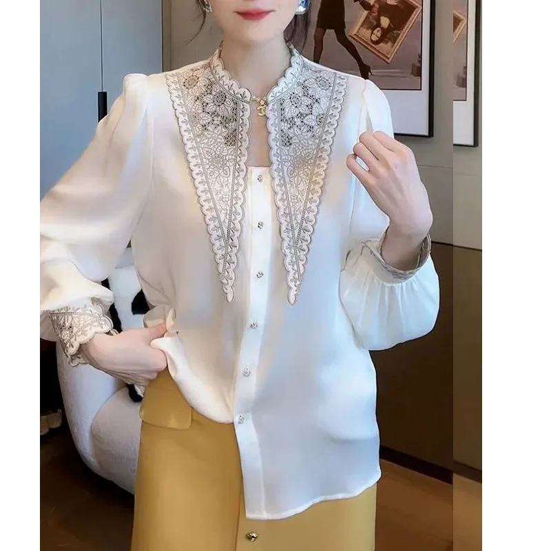 Fashion Korean White Embroidered Peaked Collar Blouse Women New Classic Long Sleeve Casual All-match Temperament Lady Shirt