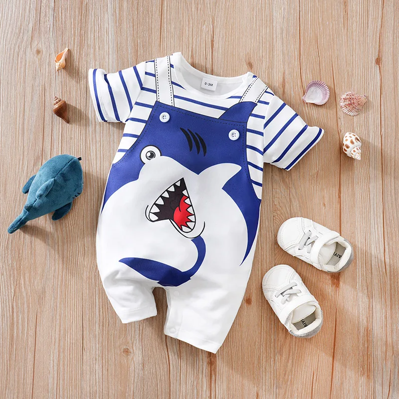 Newborn Clothing Cute Cartoon Shark Print Casual And Comfortable Soft 0-18 Boys And Girls Summer Short Sleeved Baby Jumpsuit