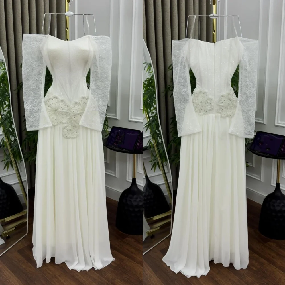 

Customized Fashion Chiffon Pleat Pattern Sequined A-line Off-the-shoulder Long Dresses Bespoke Occasion Chinese Style