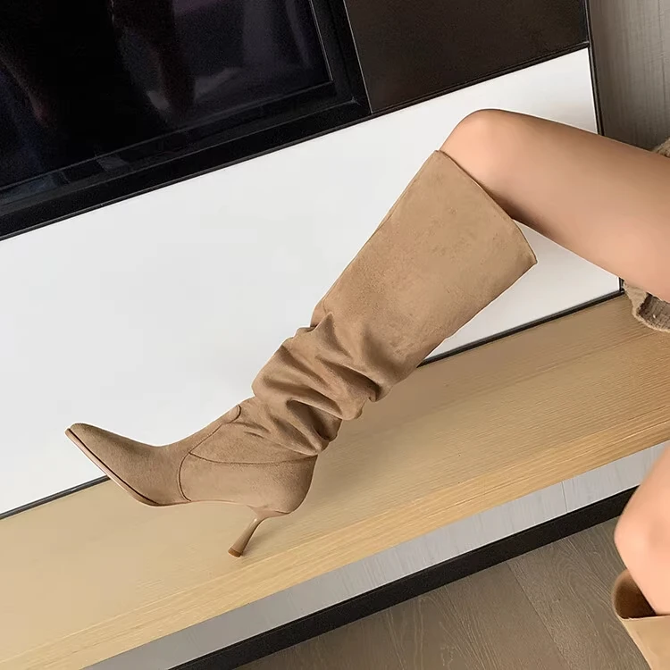 High Heels Chelsea Boots Winter Knee-High Women Shoes 2023 New Fashion Pointed Toe Pumps Women High Boots Suede Motorcycle Botas