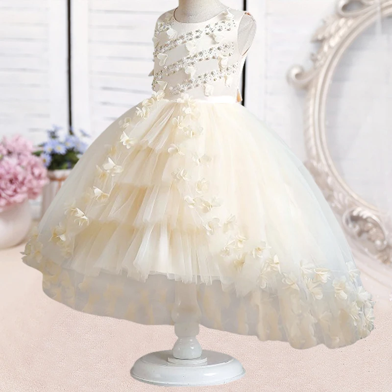 New Flower Girl Pearl Wedding Dress Tuxedo Princess Dress Suitable for Girls\' Elegant Birthday Party Christmas Dress 4-12 Years