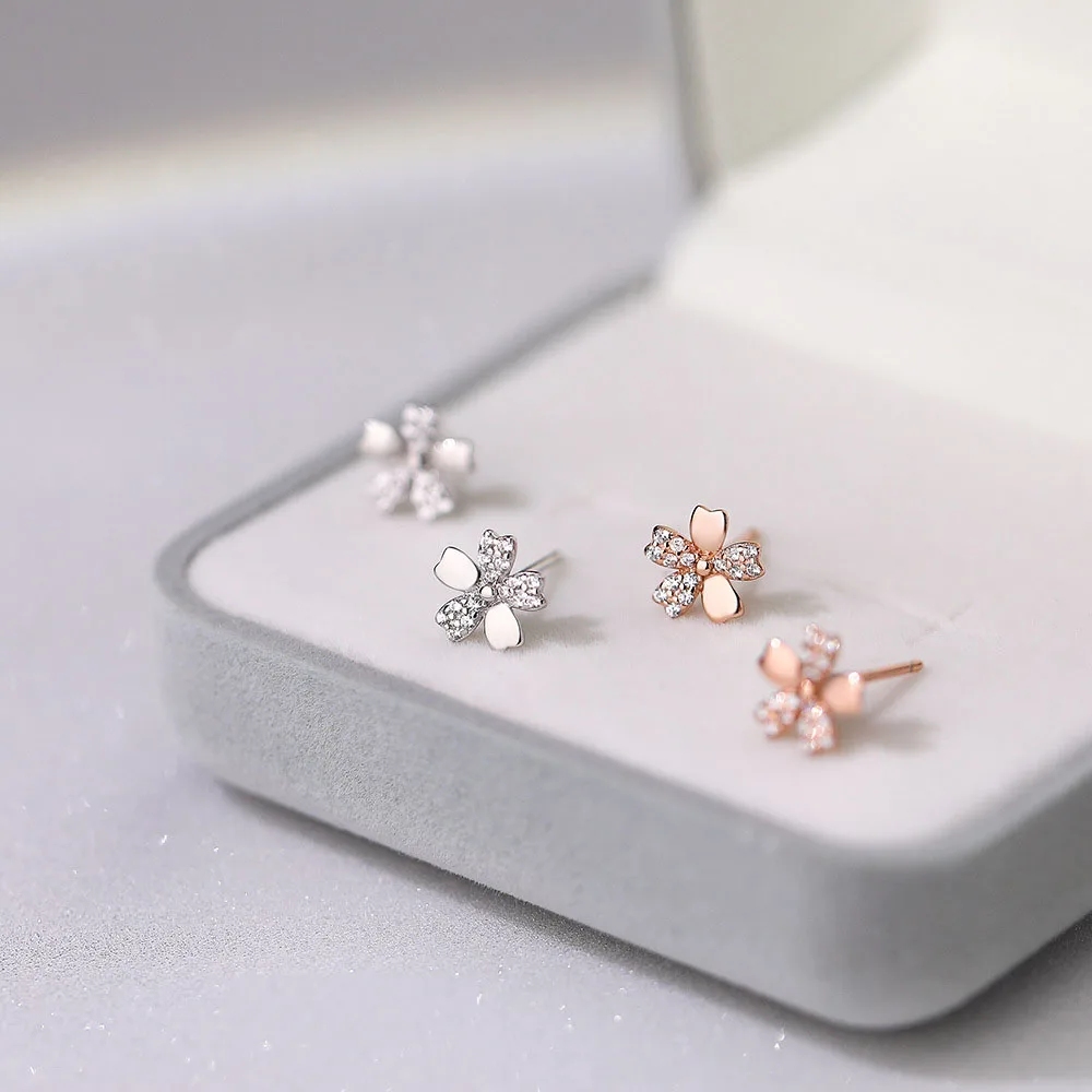 Women S925 Sterling Silver Cherry Blossom Earrings Inlaid Zircon, Simple Sweet Light‑Luxury Ear Jewelry, Ideal Holiday Gift