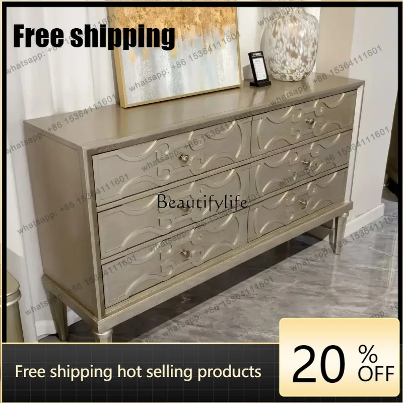 JJ American Light Luxury Entrance Cabinet, Champagne Solid Wood Bucket Cabinet, Side Cabinet Decoration