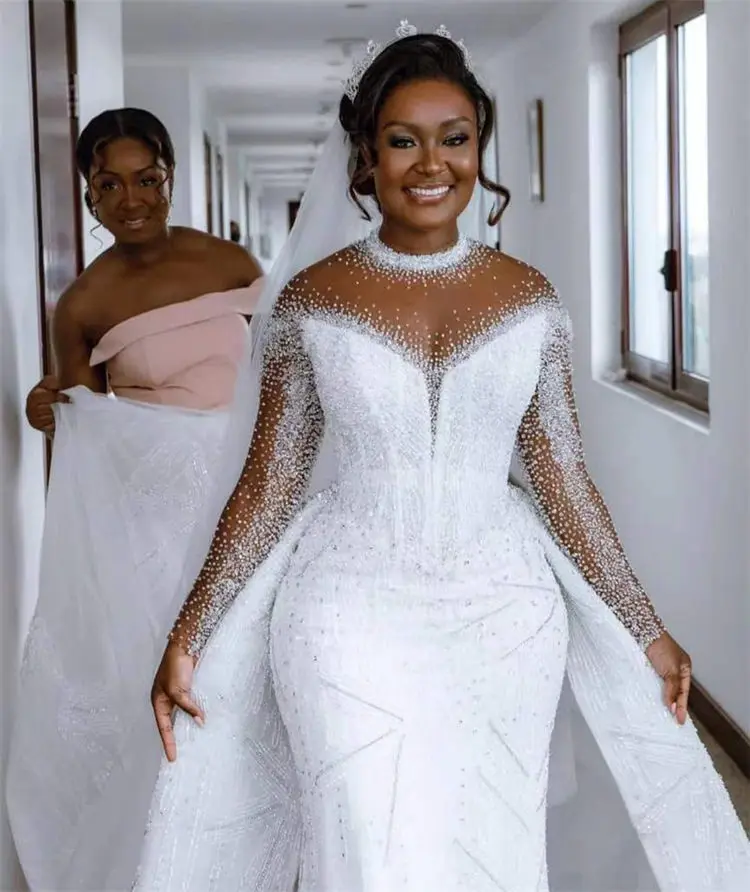 Customized Mermaid Wedding African Plus Size Wedding Dresses Beaded Sequin Dismountable Long Train Wedding Dress