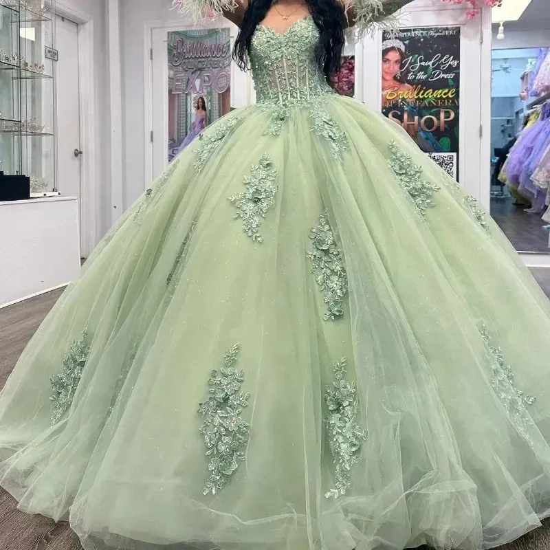 

Floral Lace Appliques Princess Quinceanera Dresses Sweetheart Strapless Long Ball Gown Sweet 16 Dress With Big Bow Back Lace-Up
