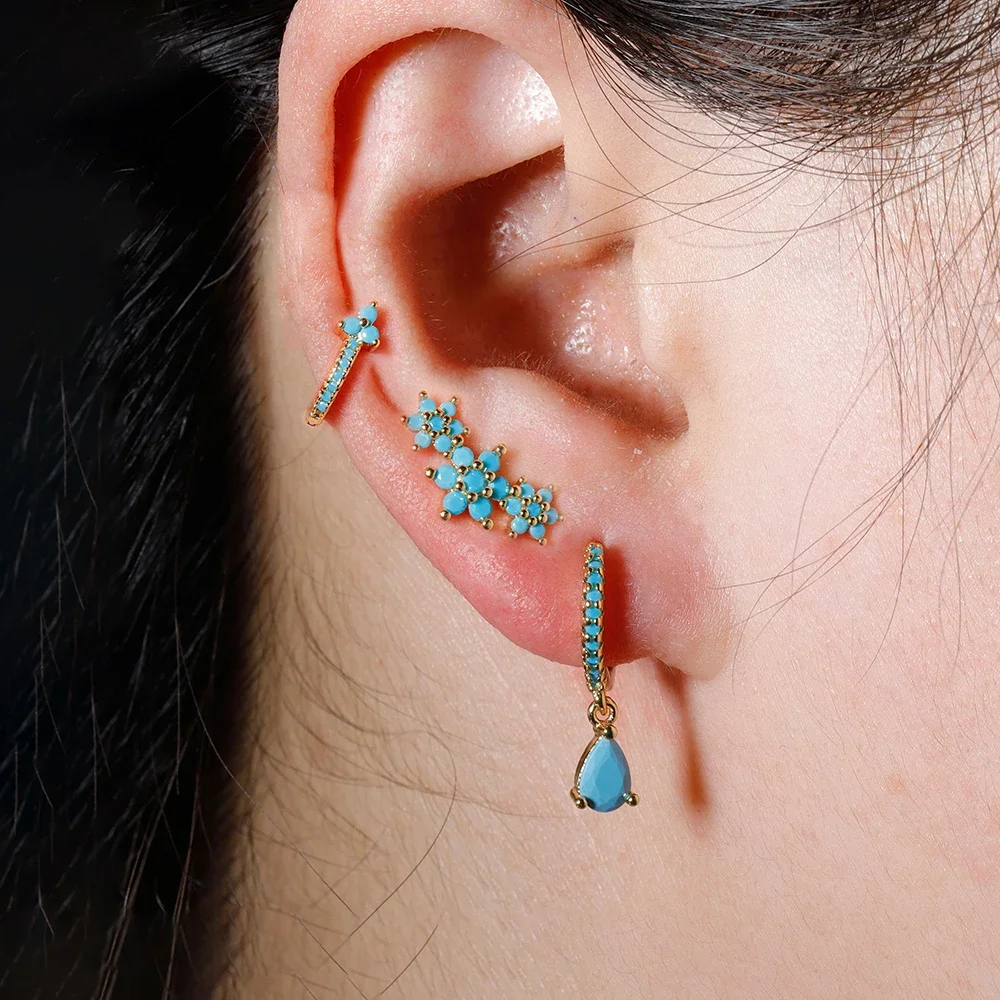 3 szt. Zestaw kolczyków w kształcie koła ze stali nierdzewnej w stylu vintage niebieski kwiat dla kobiet turkusowa kropla wody geometryczny Piercing Party biżuteria — zdjęcie 3