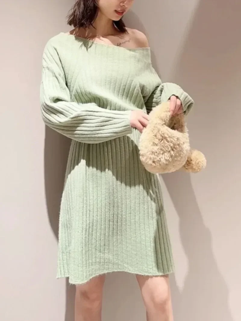 Autumn Winter Knit Dress Japan Slash Neck Women 2024 Vestidos Loose Casual Dresses Long Sleeve Vestido Femininos New Clothing