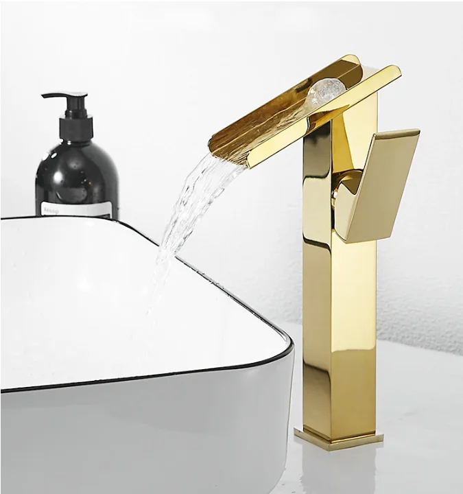 Becola Gold Brass Waterfall Wash Basin With High And Low Faucet For Hot And Cold Water Compatible-Hotel Toilet Home Bathroom