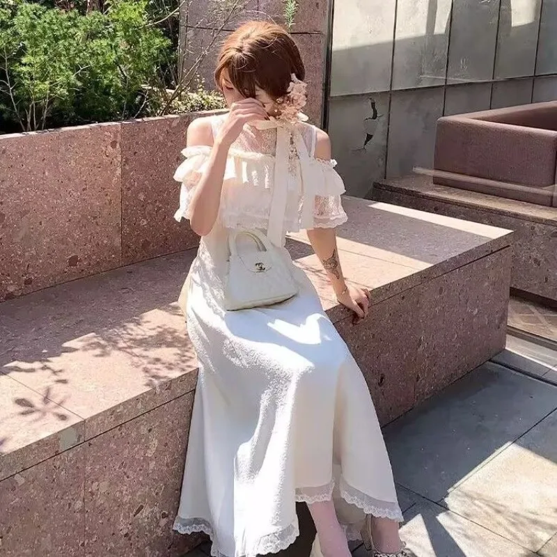 Vintage Japanese Sweet Retro Skinny Cloak Dress Summer New Long Dresses for Women White Moonlight Lace 2025 Women Clothing
