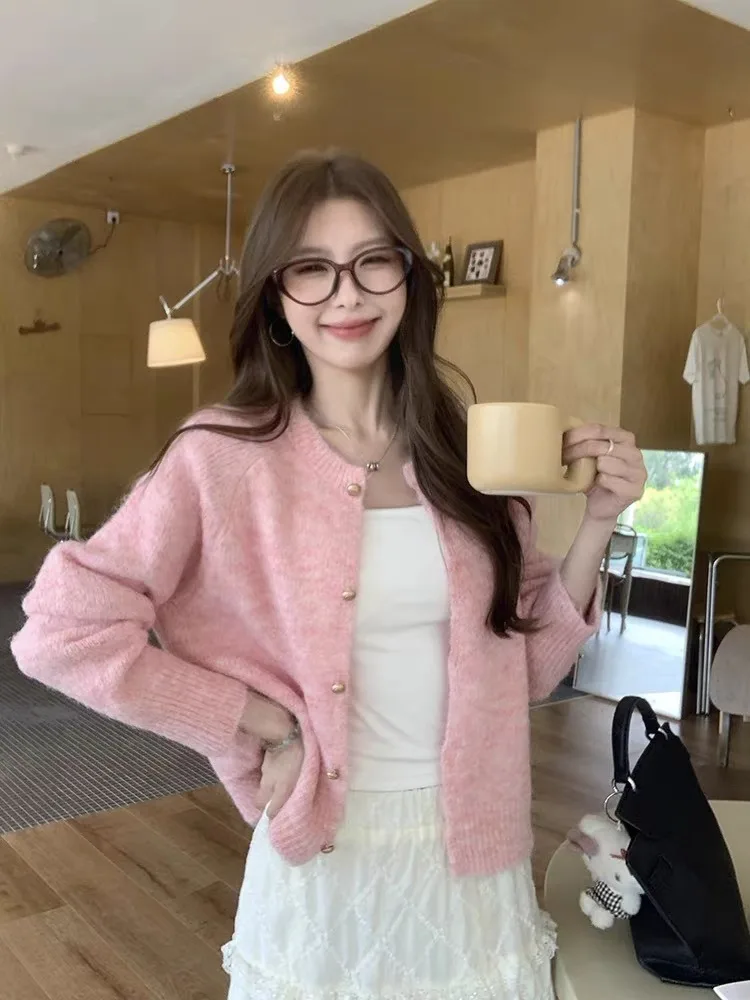 

Fall 2025 Korean Sle Women's Long Sve Knitted Sweater ort Loose Cardigan Top Casual round Ne Polyester Fiber