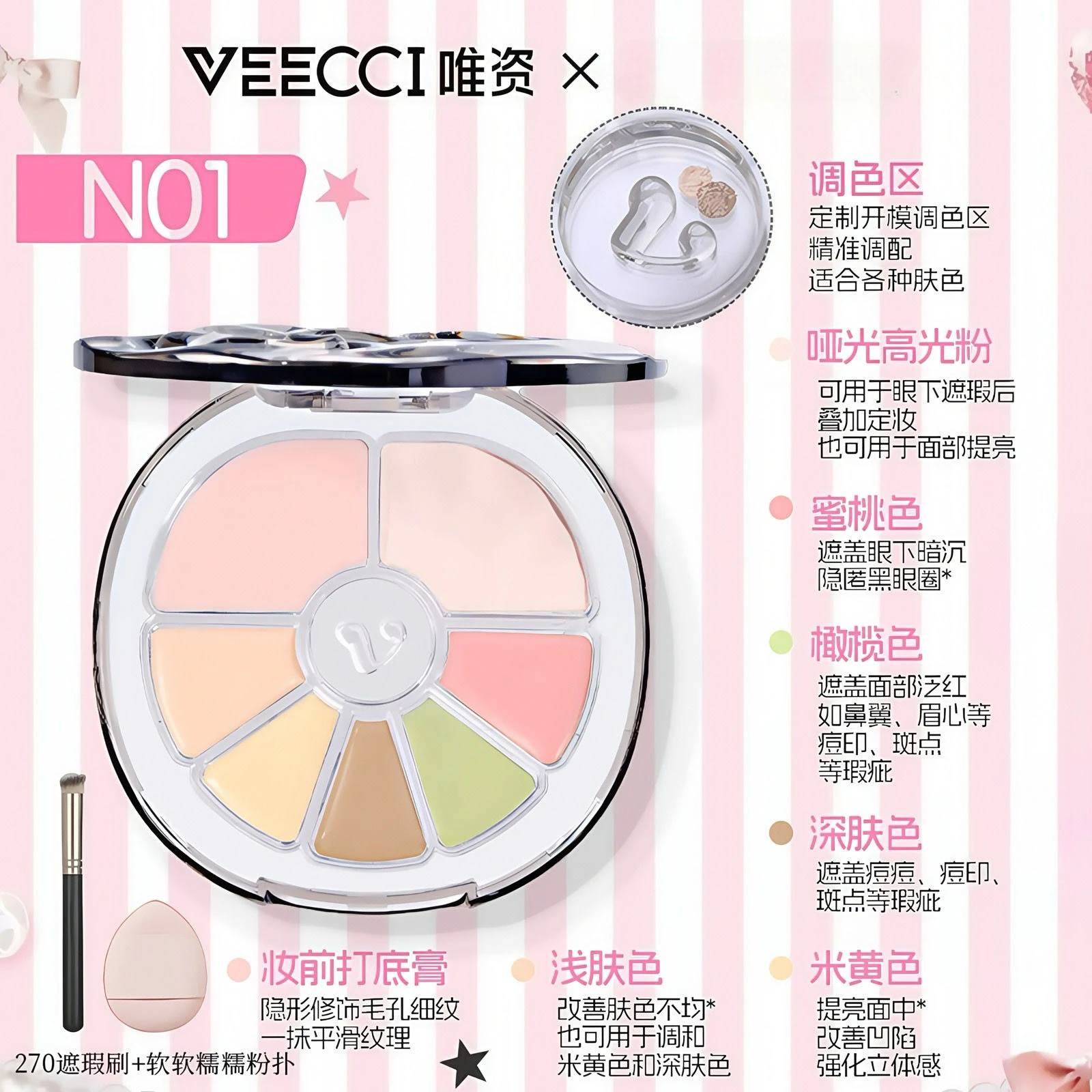 VEECCI คอนซีลเลอร์ Palette Hydrating คอนซีลเลอร์ Face Brightening ปกปิดสิวจุดด่างดํา Dark Eye Circles 7 สี Contour Palette