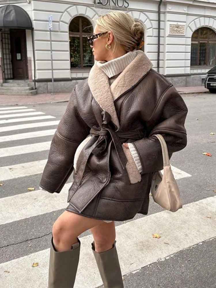 Single Breasted Turn-down Collar Women Coat Thick Plush Leather Female Jacket 2024 Autumn Winter Office Oversize Female Overcoat