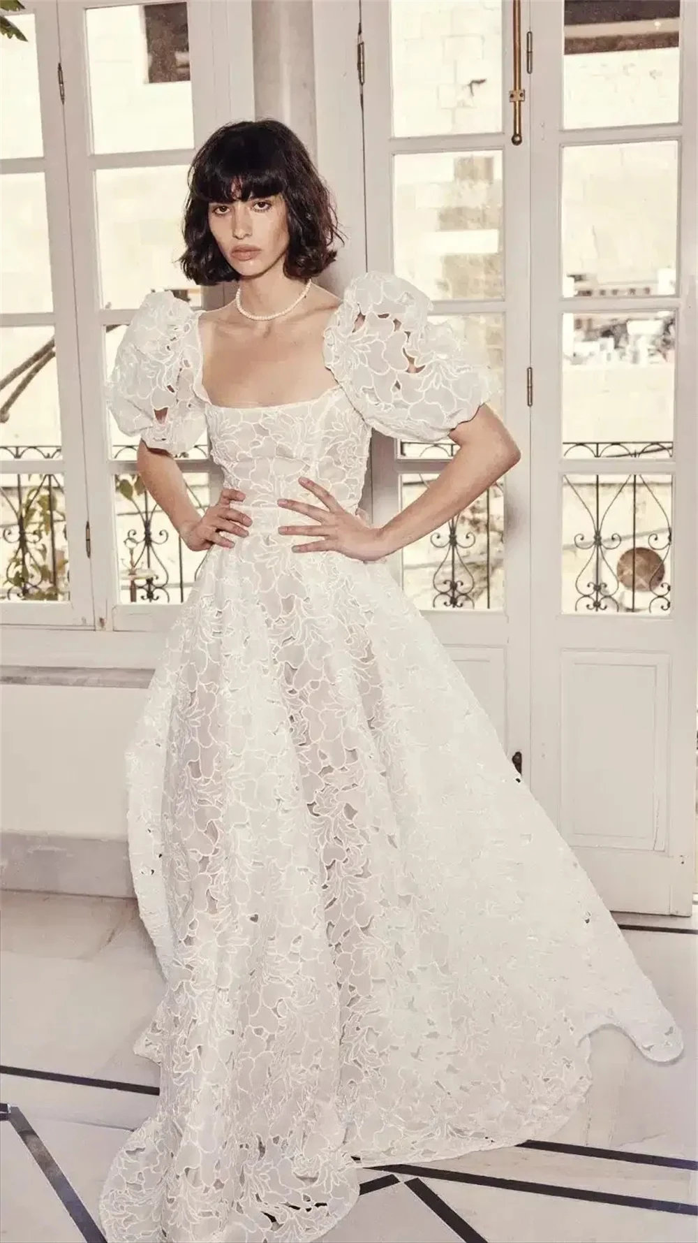 Customizable Romantic Vintage Square Neck Puff Short Sleeve Floral Cutout Lace Applique A-Line Floor Length Bridal Gown