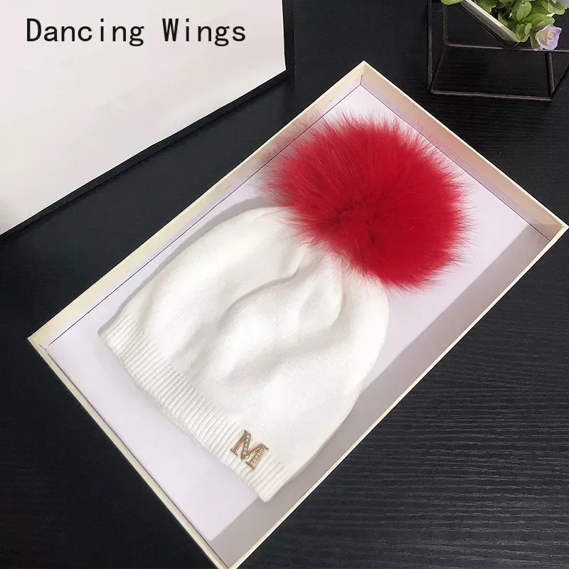 Fashion Women's Winter Knitted Fur Beanie Hats With Real fox Fur Pompoms Caps Ear Protect Causal Fur Hats For Women