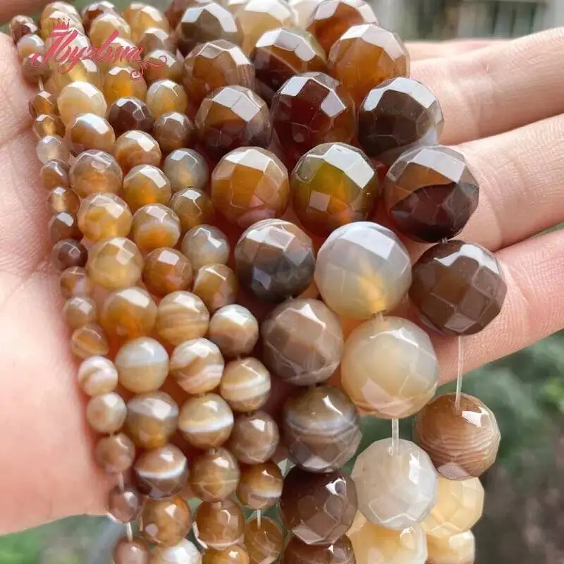 6mm/8mm/10mm Round Faceted Stripe Brazil Agate Natural Stone Beads For Jewelry Making DIY Necklace Bracelet 7 Inches/15Inches