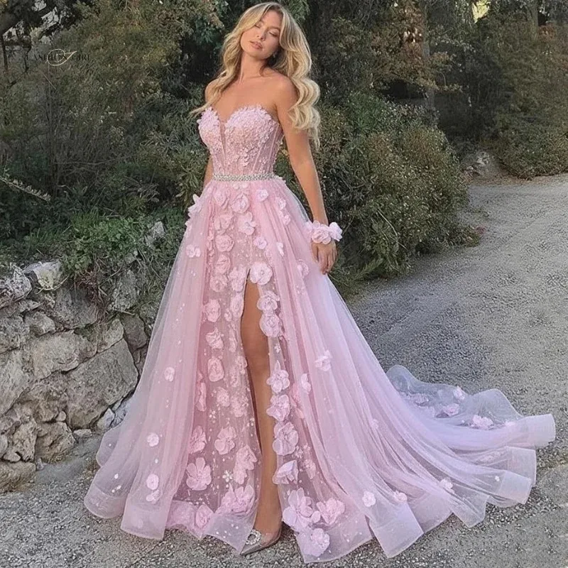 

2026 Pink Gown Sweetheart A-Line Single Fork Formal Occasion Dress Beaded Belt Flower Decal Evening Dress Customization