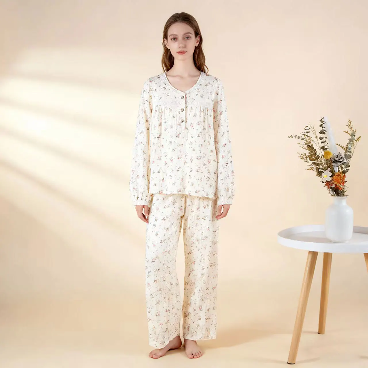 

Новинка: Цветочная пижама для женщин, домашняя одежда из хлопка, весенняя пижама с длинным рукавом, ночная сорочка для женщин
