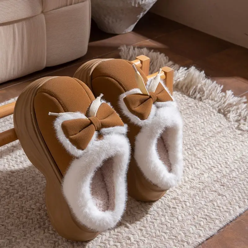 

New fashion plush slippers with bow women winter platform furry mules shoes home backless slipper woman indoor fuzzy house shoes