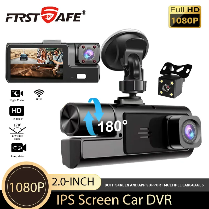 Câmera 3 Canais: 1080P Frente + 720Px2 Interior/Traseira | DVR Integrado | 170° Grande Angular | Visão Noturna | Monitor 24/7 |
