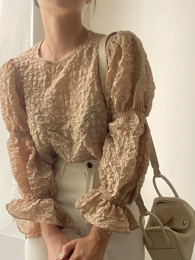 Chic Early Autumn Women's Shirt New Style Fairy Bubble Pleated round Neck Lantern Sleeve Chiffon Blouse Korean Style Spring A...