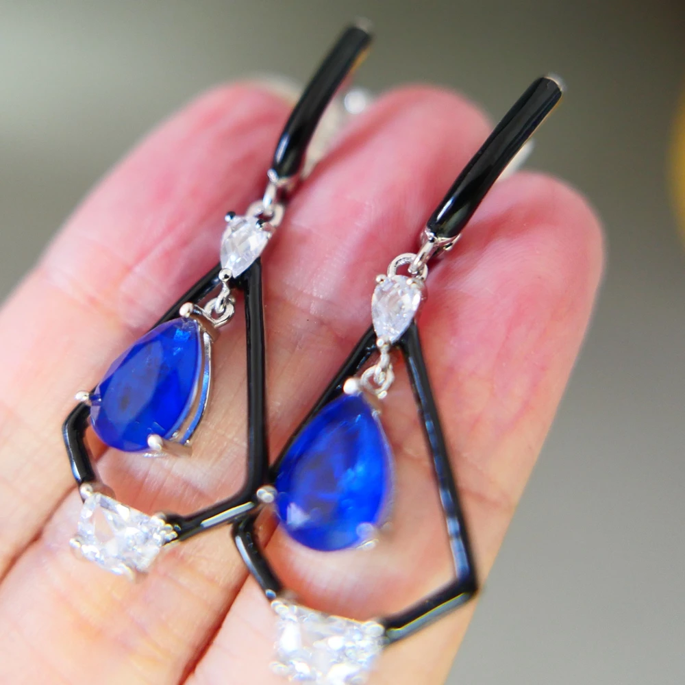 KQDANCE 925 Sterling Silver Black Enamel And TearDrop Lab Sapphire Blue Stones Long Drop Earrings With Clips Jewelry Wholesale