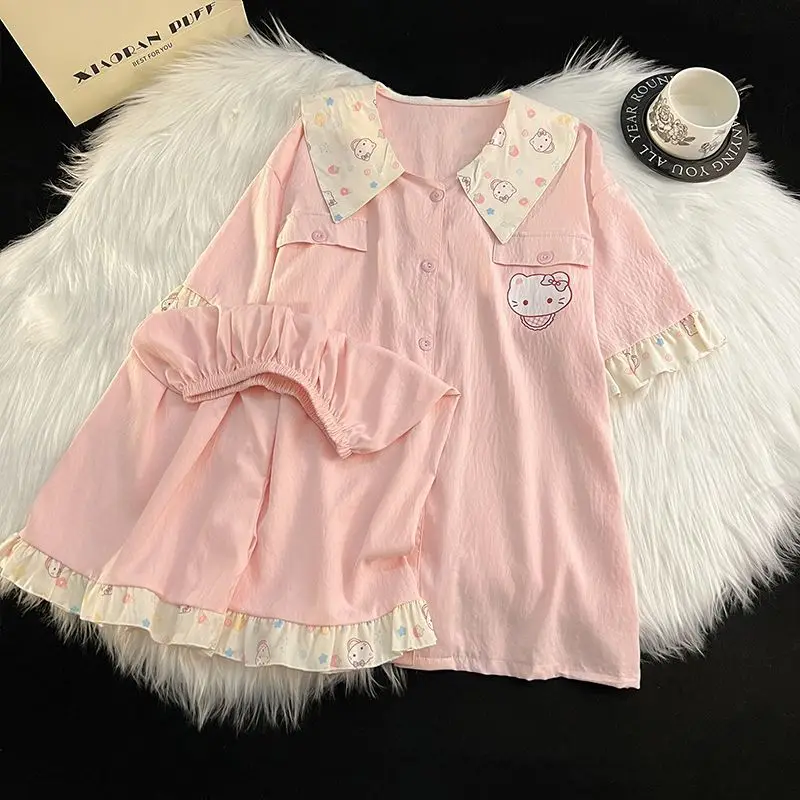 

Пижамы Sanrio Hello Kitty, комплект из 2 предметов для женщин, шорты, одежда для сна с короткими рукавами, летняя пижама, ночная рубашка с рисунком Kawaii, домашний костюм