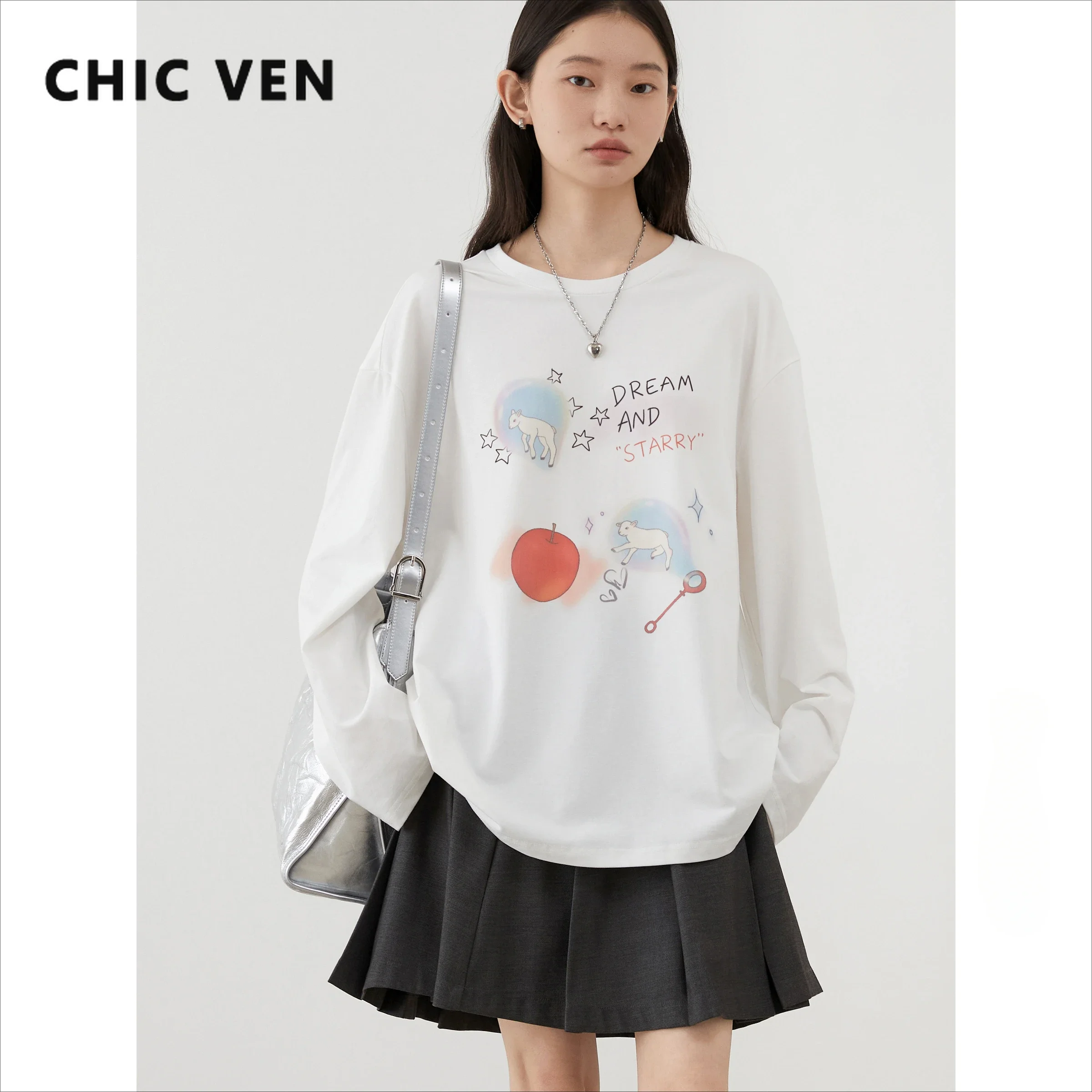 CHIC VEN Women T-Shirts Loose Long Sleeve Cartoon Design Round Neck Lamb Print Female Tees Woman Top Spring Autumn 2024