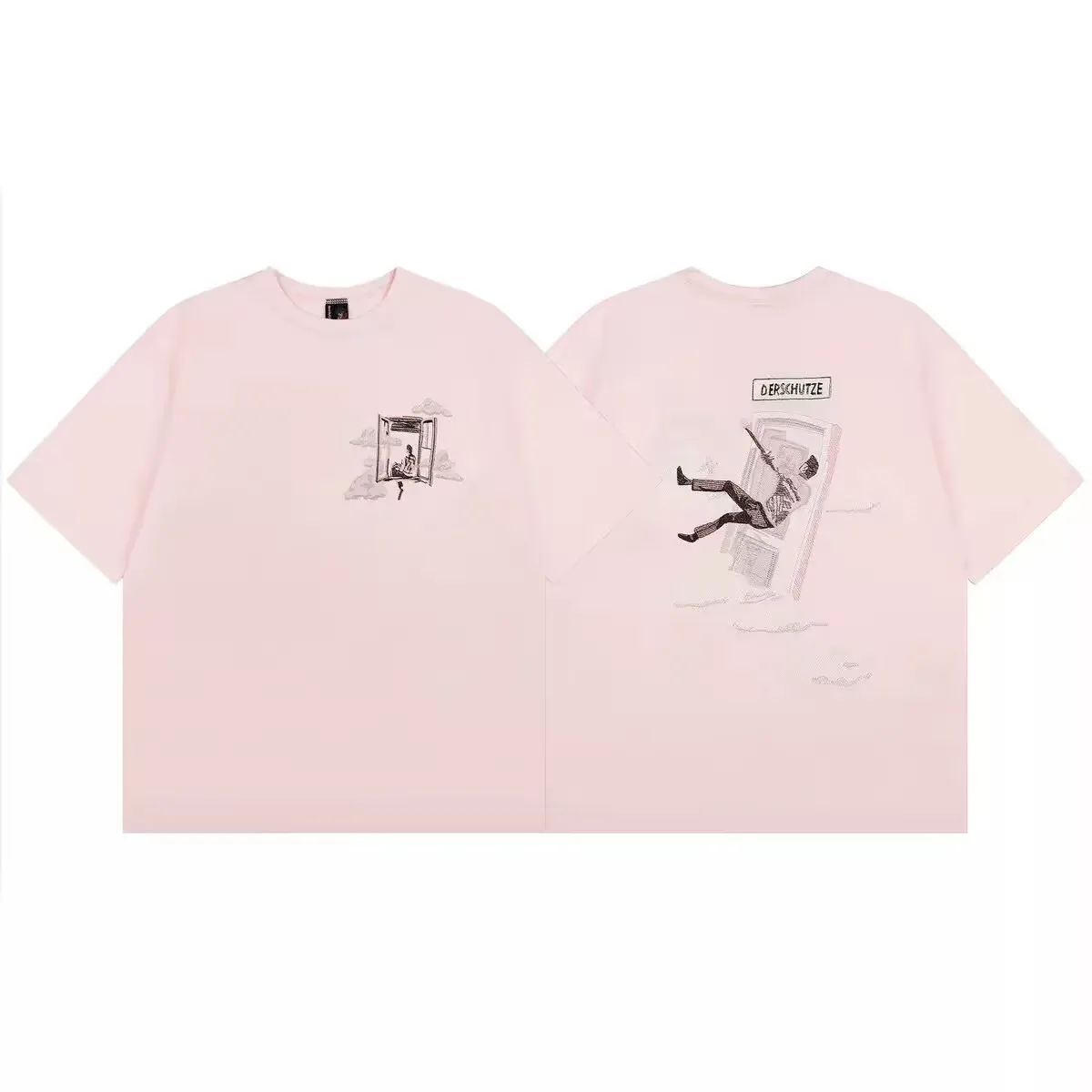 

Derschutze on Air Abstract American Retro Embroidered Pink round Neck Short Sleeve T-Shirt Unisex Summer Cleanfit Style
