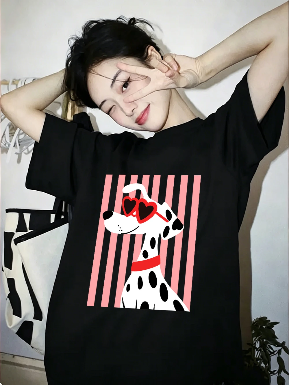 Herzförmige Sonnenbrillen Dalmatiner-Hundemotiv T-Shirts Damen Baumwolle Sommer Übergroße Oberteile O-Ausschnitt Kurzarm-T-Shirts Weiche Streetwear – Detail 32