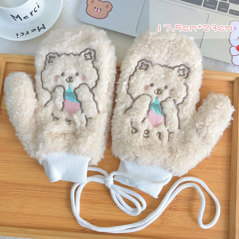 New Cartoon Bear guanti da ricamo Plus Velvet addensare inverno studente ciclismo Cute Halter Neck Women Warm Mittens Girl Gift T23