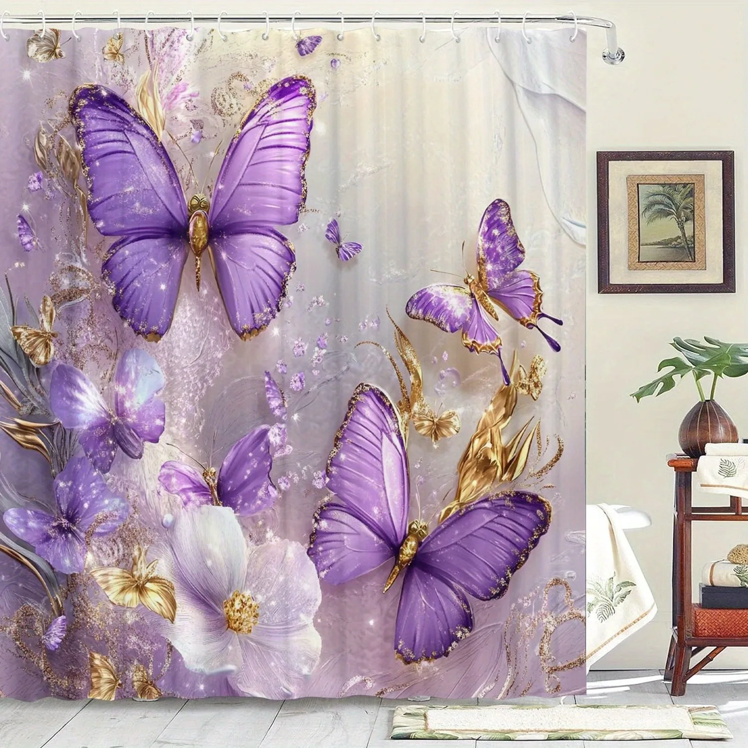 

Занавеска для душа с фиолетовым цветком и бабочкой, моющаяся грязеотталкивающая насадка для душа, водонепроницаемая полиэстеровая занавеска для ванны для домашнего декора