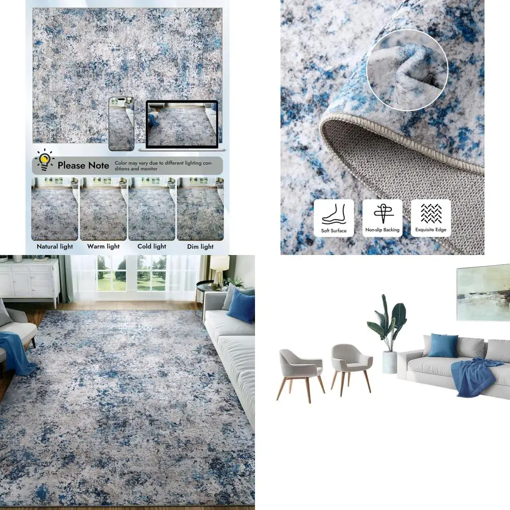 

Современный нейтральный абстрактный ковер 8x10 футов, мягкий, с низким ворсом, нескользящий, для гостиной, спальни, столовой, детской, домашнего офиса - серый