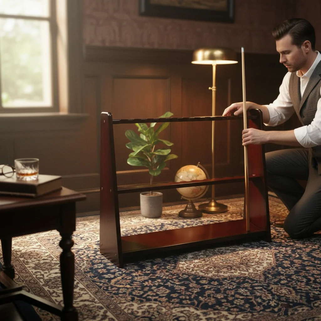 Floor-Standing Cue Rack Lower Shelf Wood Cue Rack Pool Stick Holder Rounded Corners Game Room Storage Furniture-Grade